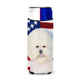 Usa American Flag With Bichon Frise Ultra Beverage Insulators For Slim Cans Ss4011Muk