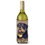 Rottweiler On Faux Burlap With Pine Cones Wine Bottle Beverage Insulator Beverage Insulator Hugger