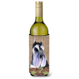 Schnauzer On Faux Burlap With Pine Cones Wine Bottle Beverage Insulator Beverage Insulator Hugger