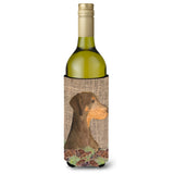 Doberman On Faux Burlap With Pine Cones Wine Bottle Beverage Insulator Beverage Insulator Hugger