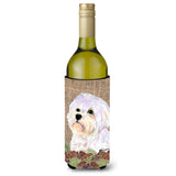 Maltese On Faux Burlap With Pine Cones Wine Bottle Beverage Insulator Beverage Insulator Hugger