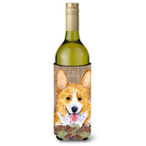 Corgi On Faux Burlap With Pine Cones Wine Bottle Beverage Insulator Beverage Insulator Hugger