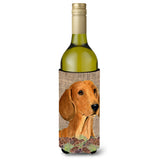 Dachshund On Faux Burlap With Pine Cones Wine Bottle Beverage Insulator Beverage Insulator Hugger
