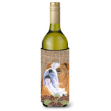 Bulldog English On Faux Burlap Pine Cones Wine Bottle Beverage Insulator Beverage Insulator Hugger