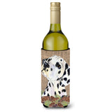 Dalmatian On Faux Burlap With Pine Cones Wine Bottle Beverage Insulator Beverage Insulator Hugger