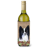 Papillon On Faux Burlap With Pine Cones Wine Bottle Beverage Insulator Beverage Insulator Hugger