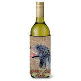 Irish Wolfhound On Faux Burlap With Pine Cones Wine Bottle Beverage Insulator Beverage Insulator Hugger