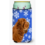 Sussex Spaniel Winter Snowflakes Holiday Tall Boy Beverage Insulator Beverage Insulator Hugger