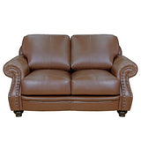 Sunset Trading Charleston 63 Wide Top Grain Leather Loveseat | Chestnut Brown Rolled Arm Small Couch With Nailheads