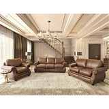Sunset Trading Charleston 3 Piece Top Grain Leather Living Room Set | Chestnut Brown Rolled Arm Sofa Loveseat And Chair With Nai