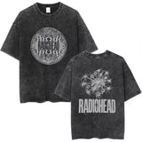 Radiohead Rock Band Washed Cotton T-Shirt – Retro Alternative Rock Graphic Tee, Vintage Distressed Heavyweight Style Unisex Concert Top