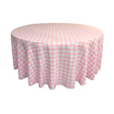 La Linen Polyester Gingham Checkered 132-Inch Round Tablecloth, White And Pink
