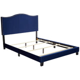 Skye Upholstered Panel Bed, Blue Velvet, King, With Solid Wood Legs, Nailhead Headboard, Footboard, Rails, Slats