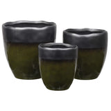 Stoneware Round Pot With Irregular Rim Mouth, Black Banded Top, Speckle Design Body And Tapered Bottom Set Of Three Gloss Finish