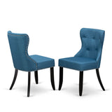 East West Furniture V697Si121-9 9-Piece Modern Dining Table Set- 8 Kitchen Chairs With Blue Linen Fabric Seat And Button Tufted
