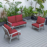 Leisuremod Walbrooke Modern 3-Piece Outdoor Patio Set With Grey Aluminum Frame And Removable Cushions Loveseat And Armchairs For