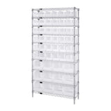 Bin System Unit, Stationary, Includes: (4) 74H Posts, (10) 36W X 14D Wire Shelves, (36) Qus230 And (12) Qus240 Clear Bins, Chrom