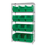 Bin Wire Shelving System, 42W X 18D X 74H, 800 Lbs Load Capacity Per Shelf, Includes: (5) Shelves And (12) Qms533 Green Bins, Ch