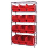 Bin Wire Shelving System, 42W X 18D X 74H, 800 Lbs Load Capacity Per Shelf, Includes: (5) Shelves And (12) Qms533 Red Bins, Chro