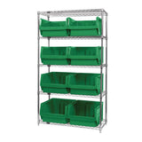 Bin Wire Shelving System, 42W X 18D X 74H, 800 Lbs Load Capacity Per Shelf, Includes: (5) Shelves And (8) Qms543 Green Bins, Chr