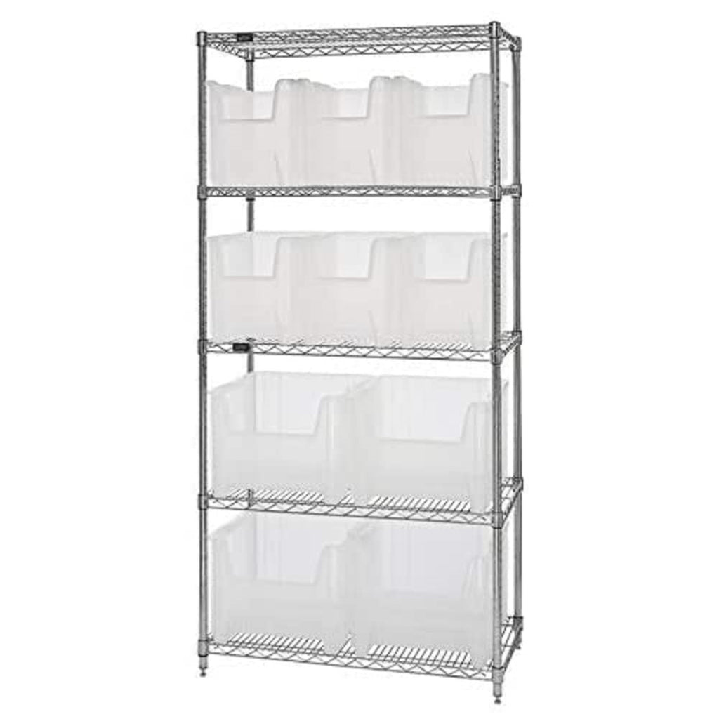 Bin Wire Shelving System, 36W X 18D X 74H, 800 Lbs Load Capacity Per Shelf, Includes: (5) Shelves And (6) Qgh600 And (4) Qgh800