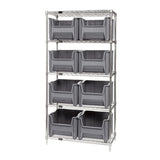 Bin Wire Shelving System, 36W X 18D X 74H, 800 Lbs Load Capacity Per Shelf, Includes: (5) Shelves And (8) Qgh800 Gray Bins, Chro