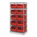 Bin Wire Shelving System, 42W X 30D X 74H, 800 Lbs Load Capacity Per Shelf, Includes: (5) Shelves And (8) Qus975 Red Bins, Chrom