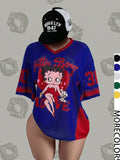 Streetwear Y2K Mesh Top – Vintage Doll Print V-Neck Shirt, Breathable Retro Aesthetic for Women