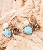 Blue Turquoise and White Pearl Multi Charm Golden Charm Earrings