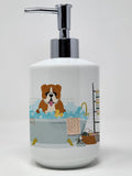 Red White English Bulldog in Bathtub Ceramic Soap Dispenser Hand Soap Dispenser Pump Bottles for Bathroom Kitchen, Empty Refilla
