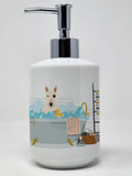 NEW White Bull Terrier in Bathtub Ceramic Soap Dispenser Hand Soap Dispenser Pump Bottles for Bathroom Kitchen, Empty Refillable