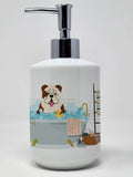 Brindle White English Bulldog in Bathtub Ceramic Soap Dispenser Hand Soap Dispenser Pump Bottles for Bathroom Kitchen, Empty Ref