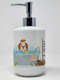 Red White Shih Tzu in Bathtub Ceramic Soap Dispenser Hand Soap Dispenser Pump Bottles for Bathroom Kitchen, Empty Refillable Liq