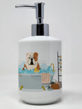 Fawn White English Bulldog in Bathtub Ceramic Soap Dispenser Hand Soap Dispenser Pump Bottles for Bathroom Kitchen, Empty Refill