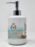 Silver White Shih Tzu in Bathtub Ceramic Soap Dispenser Hand Soap Dispenser Pump Bottles for Bathroom Kitchen, Empty Refillable