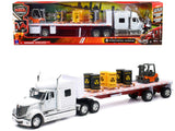 International Lonestar Flatbed Truck White with 6 Toxic Barrels 3 Pallets and Forklift Long Haul Trucker Series 1/32 Diecast M