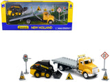 Peterbilt RollOff Flatbed Truck Yellow and New Holland L228 Skid Steer Yellow with Road Signs New Holland Construction Series