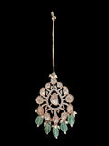 DNS206 Alayna Polki Necklace earrings tika set - light green beads with pearls ( READY TO SHIP )