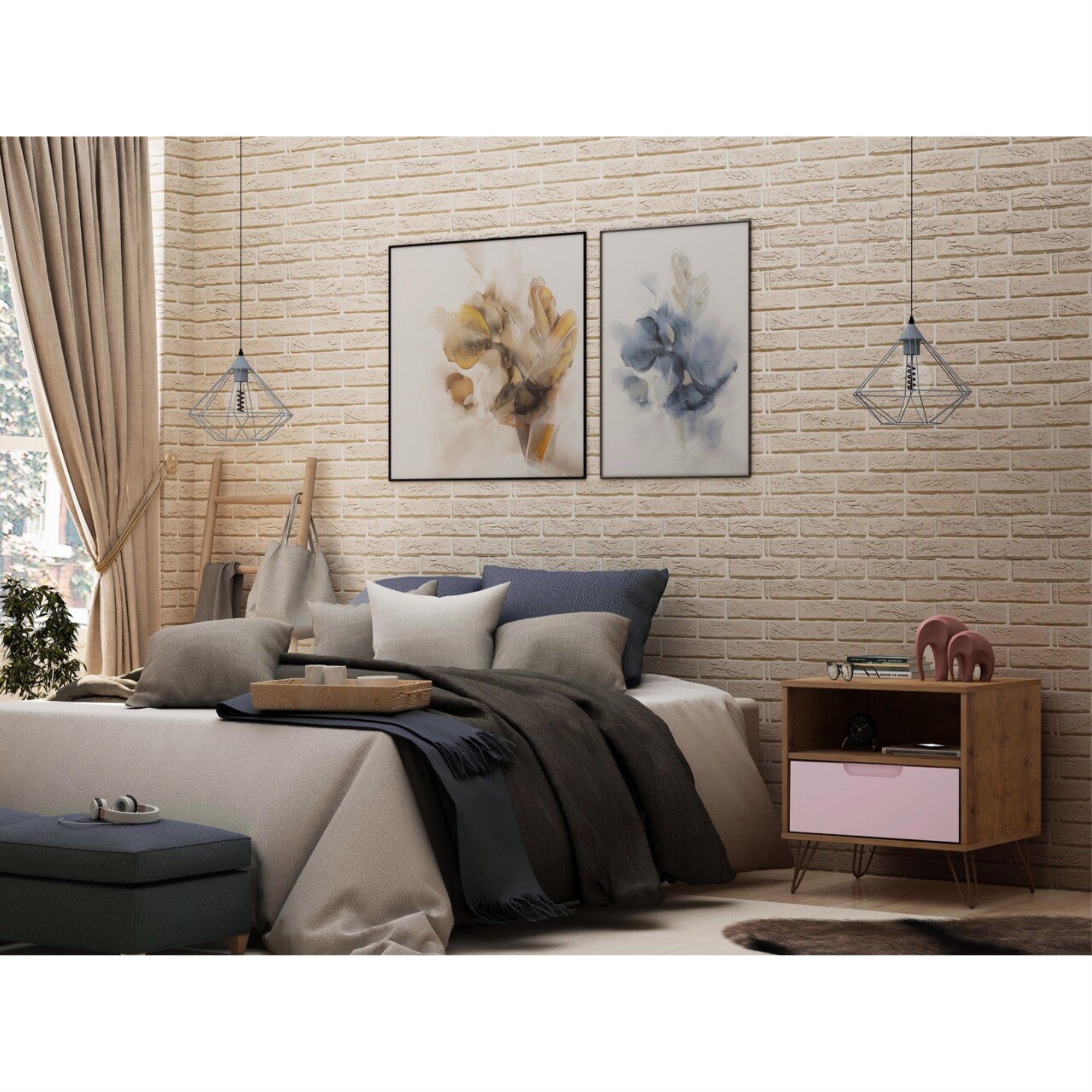 Manhattan Comfort Rockefeller 1.0 Mid-Century Modern 1-Drawer Nightstand In Nature & Rose Pink