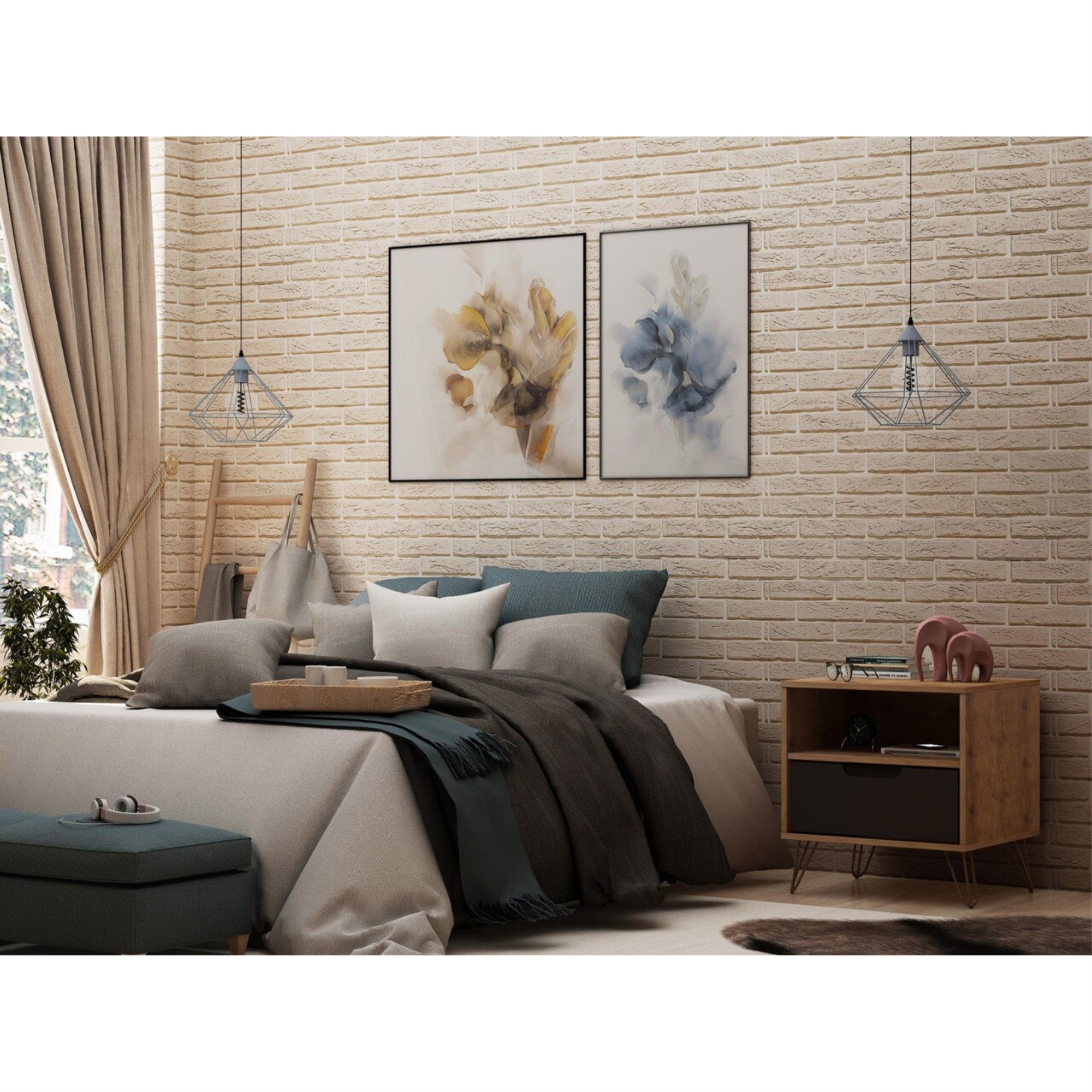 Manhattan Comfort Rockefeller 1.0 Mid-Century Modern 1-Drawer Nightstand In Nature & Textured Grey