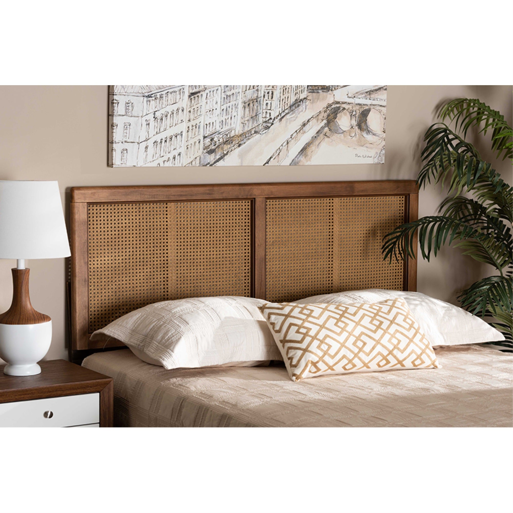 Baxton Studio Gilbert Mid-Century Modern Ash Walnut Finished Wood And Synthetic Rattan Full Size Headboard