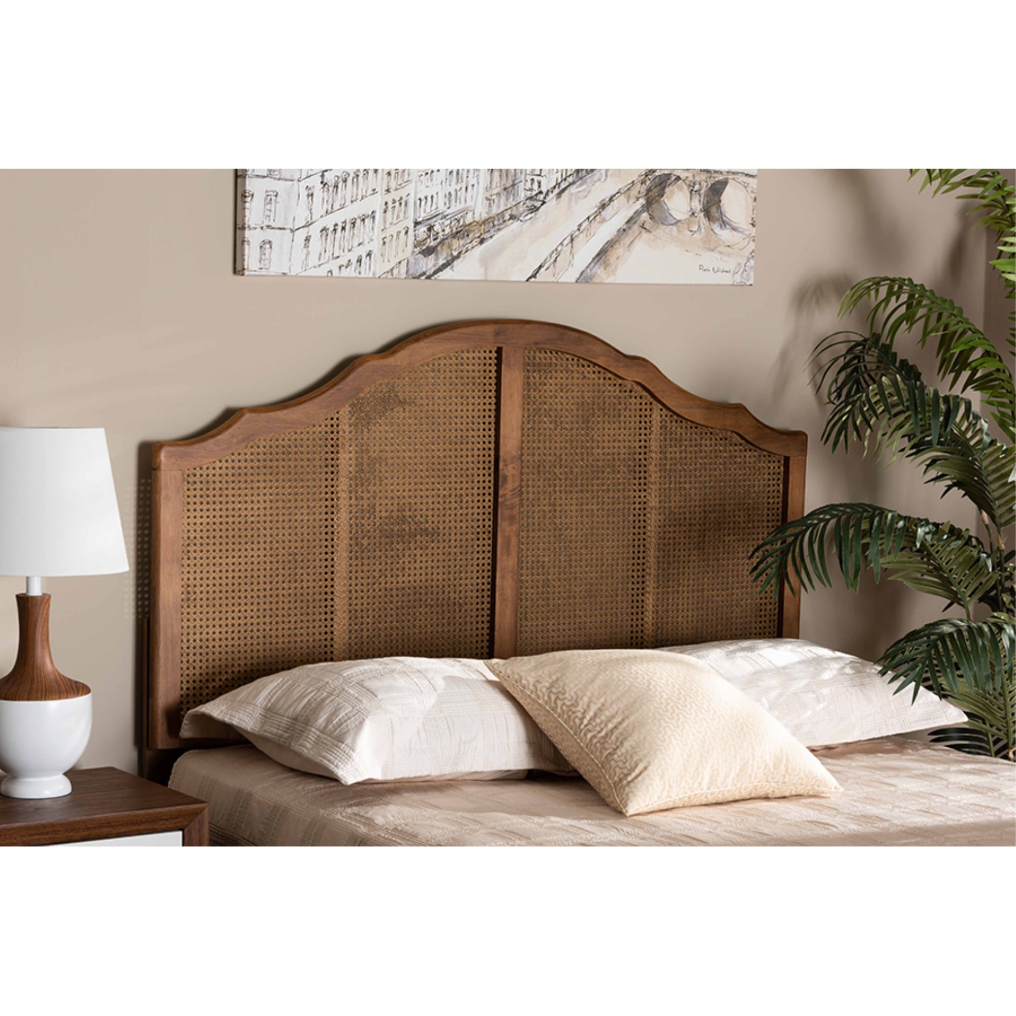 Baxton Studio Iris Vintage Classic And Traditional Ash Walnut Finished Wood And Synthetic Rattan Queen Size Arched Headboard