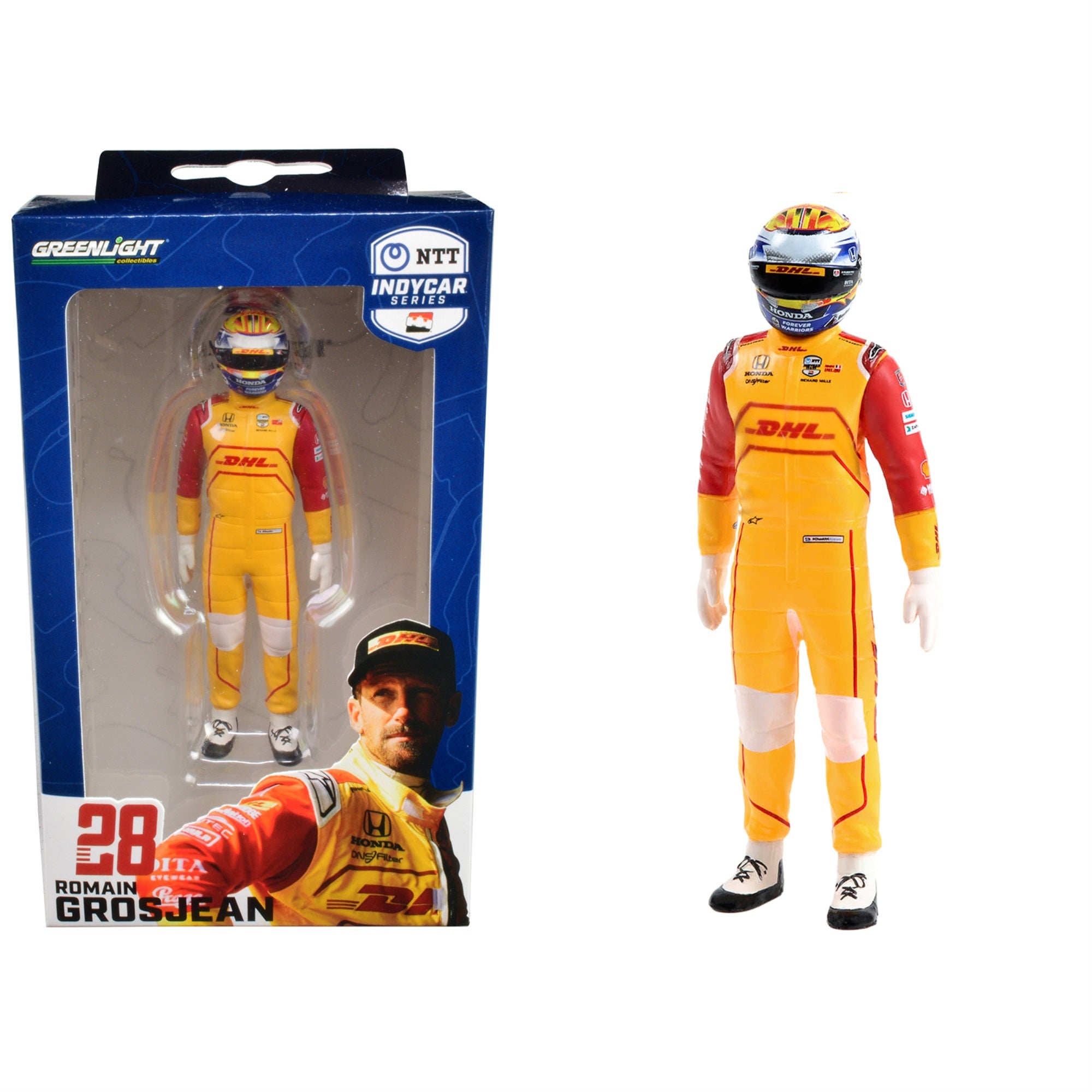 'Ntt Indycar Series'' #28 Romain Grosjean Driver Figure ''Dhl - Andretti Autosport'' For 1/18 Scale Models By Greenlight