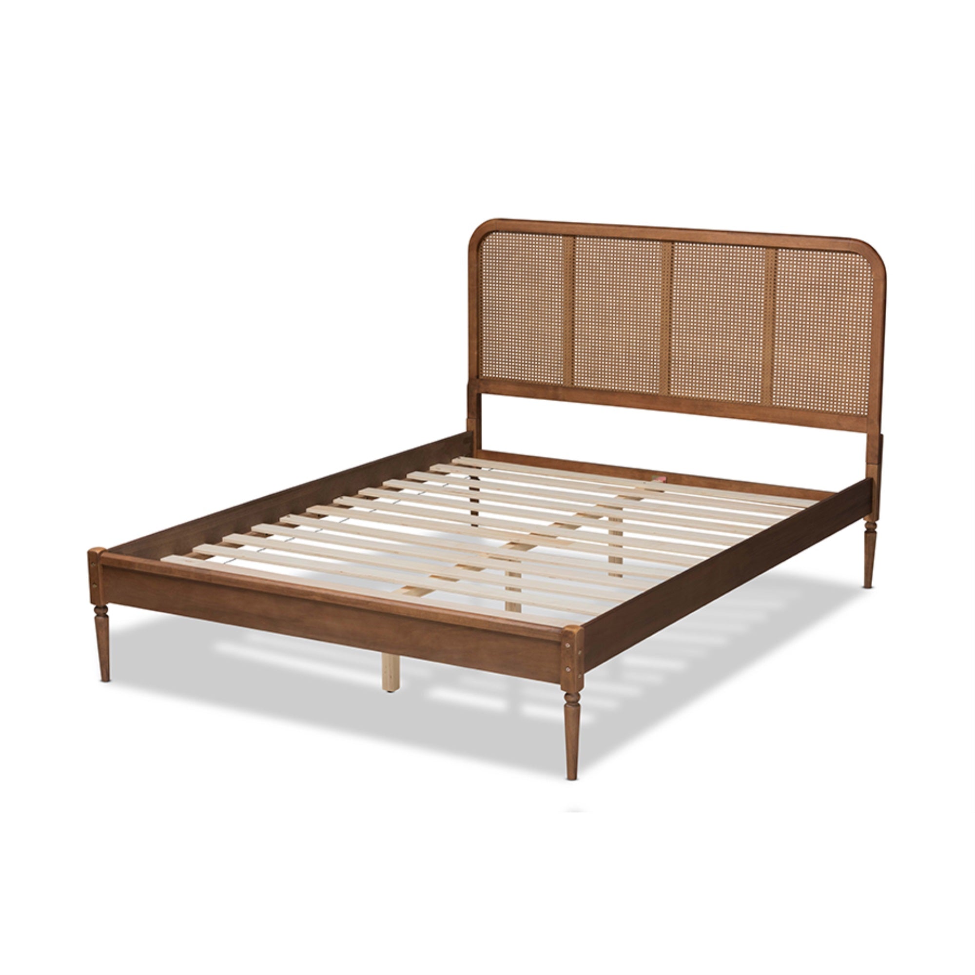 Baxton Studio Elston Mid-Century Modern Walnut Brown Finished Wood And Synthetic Rattan Queen Size Platform Bed