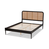 Baxton Studio Elston Mid-Century Modern Charcoal Finished Wood And Synthetic Rattan Queen Size Platform Bed