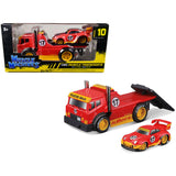 JDM Flatbed Truck #17 Red RAUHWelt BEGRIFF and Porsche RWB 911 993 #17 Red Muscle Transports Series 1/64 Diecast Model Cars