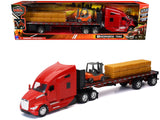 Kenworth T680 Truck Red and Flatbed Trailer with Forklift and Hay Load Long Haul Trucker Series 1/32 Diecast Model by New Ray