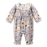 Blue Floral Vintage Linen Baby Romper With Lace Collar