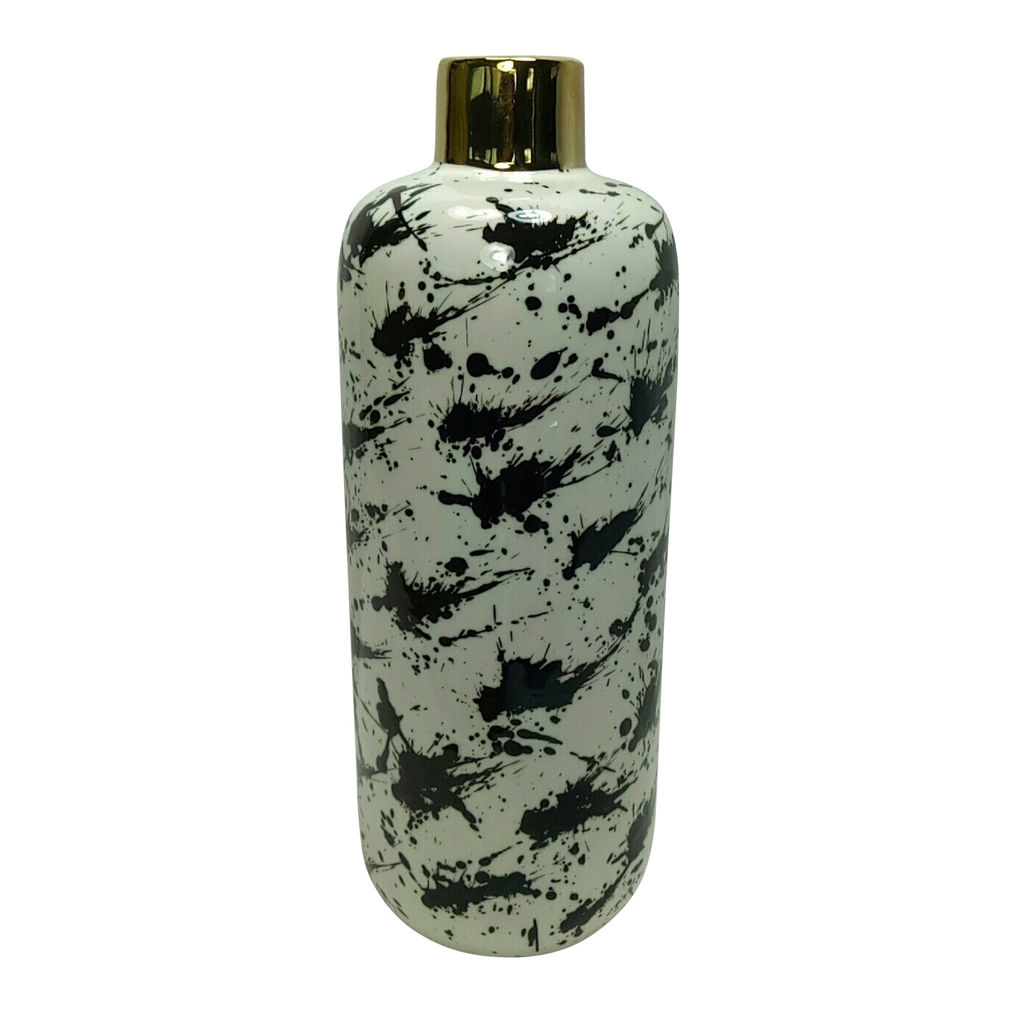 15''H Vase W/ Gold Lid, White/Black