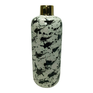 15''H Vase W/ Gold Lid, White/Black